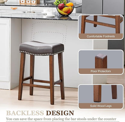 PrimeZone Counter Height Bar Stools Set of 6 - Backless Saddle Barstools with 4.3" Thick Upholstered, Nailhead Trim Faux Leather & Solid Wood Legs, 26 Inch Counter Stools for Kitchen Island, Brown