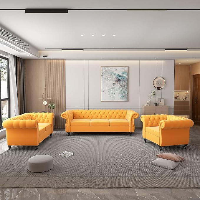 Chesterfield Loveseat Sofa, Modern Velvet Small Sofa Couch 2 Seater with Rolled Arms and Nailhead, Mid Century Modern Loveseat Couch for Small Spaces Living Room Bedroom Apartment, Yellow