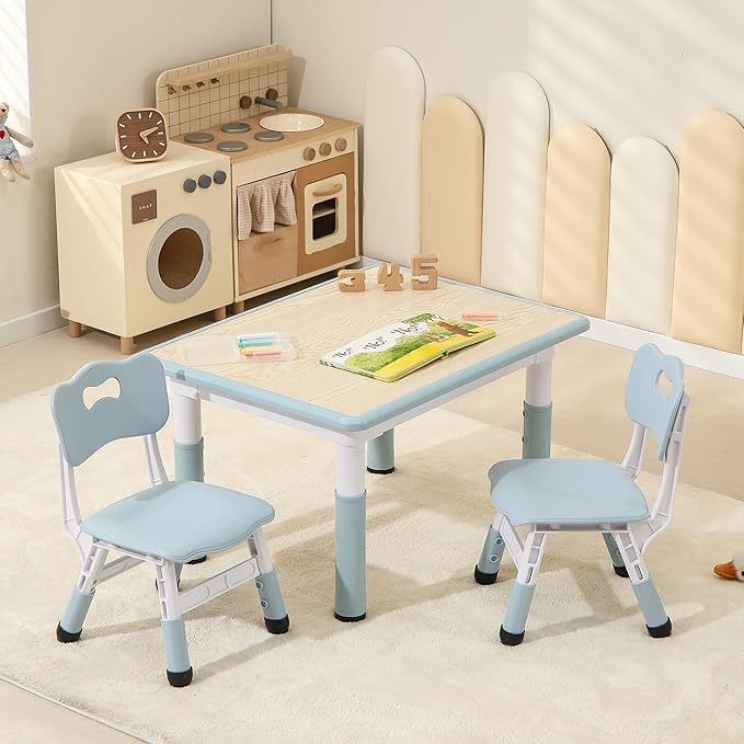 Kids Table and 2 Chairs Set, Height Adjustable Toddler Chairs, Graffiti Desktop Study With Anti-Slip Foot Covers, Children Activity Set for Ages 2-10, Blue Grey