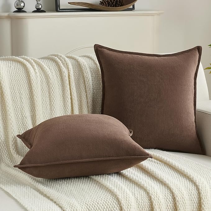 FUTEI Brown Chenille Throw Pillow Covers 16x16 Inch Set of 2,Edges Double-Stitched Cushion Cases,Modern Home Decor for Couch Living Room