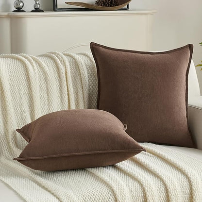 FUTEI Brown Chenille Throw Pillow Covers 26x26 Inch Set of 2,Edges Double-Stitched Euro Pillow Shams,Modern Home Decor for Couch Living Room