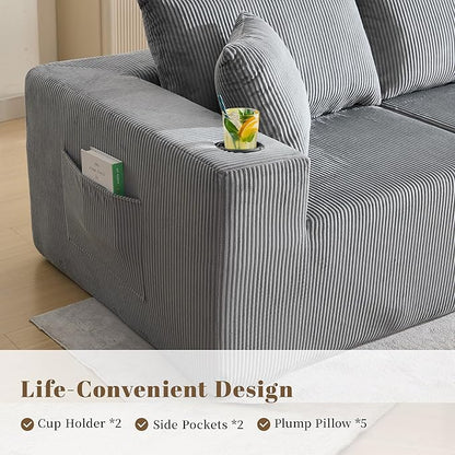107" Cloud Sectional Couch, Modular Sectional Sofa with L-Shape Chaise, Corduroy Boneless Couch with Deep Seat, Upholstered Sofa for Living Room, No Assembly Required(Right-Facing Chaise, Dark Grey)
