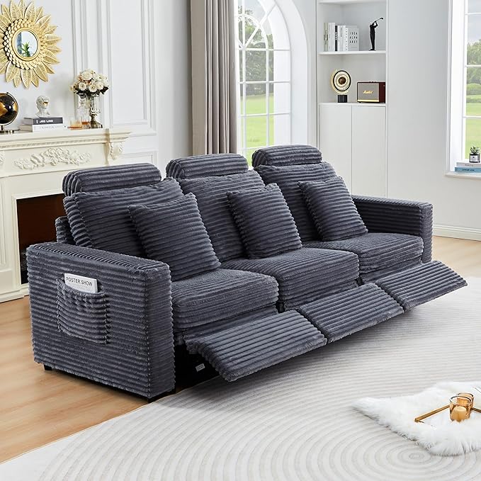 Power Reclining Sectional Sofa, Electric 3 Seat Recliner with 3 Electric Footrest and Adjustable Headrest, Modern Plush Corduroy Fluffy Reclining Sectional with Deep Seat for Living Room-Blue Grey