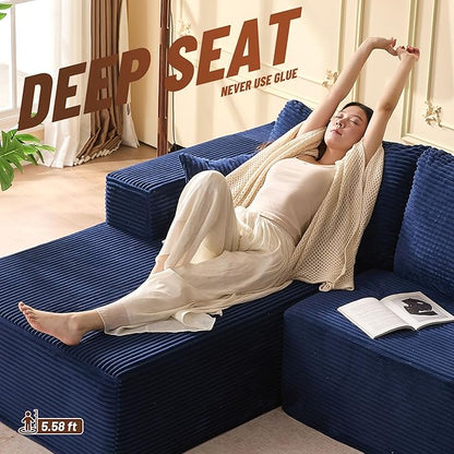 138" Boneless Couch with Deep Seat, Modular Sectional Sofa, Cloud Sectional Couch for Living Room, No Assembly Required, Corduroy, 4 Seater L-Shape Left, Blue
