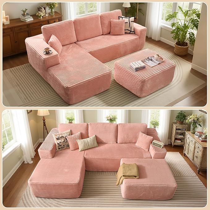 37.1" Ottoman for Couch, Plush Corduroy Memory Foam Ottoman Cloud Boneless Sectional Couch for Living Room Foot Stools No Assembly Require, Plush Corduroy,Pink