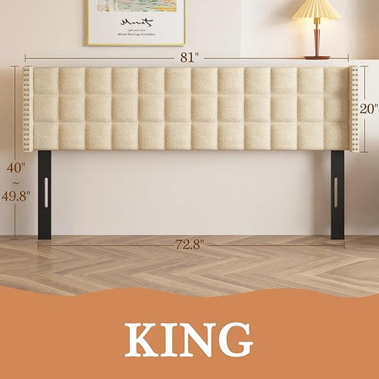 VECELO Headboard King Size, Linen Upholstered Headboards Only with Nailhead Trim Wingback, Square Stitched Design, Adjustable Height from 40" to 49.8", Oatmeal