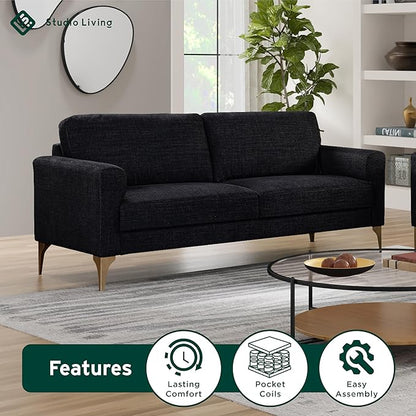 Studio Living® Matthew 75.6" Sofa, Mid-Century Modern, Pocket Coil Comfort, Metal Brushed Bronze Legs, Chenille Fabric, Black