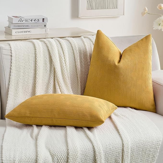 FUTEI Mustard Yellow Chenille Decorative Throw Pillow Covers 18x18 Inch Set of 2,Soft Cozy Striped Geometric Patterns Cushion Cases,Modern Home Decor for Couch Bed Living Room