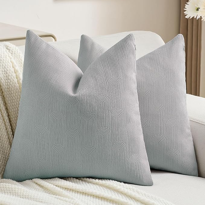 FUTEI Dusty Blue Chenille Decorative Throw Pillow Covers 16x16 Inch Set of 2,Soft Cozy Striped Geometric Patterns Cushion Cases,Modern Home Decor for Couch Bed Living Room