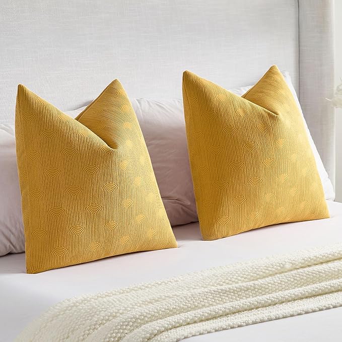 FUTEI Mustard Yellow Chenille Decorative Throw Pillow Covers 22x22 Inch Set of 2,Soft Cozy Striped Geometric Patterns Cushion Cases,Modern Home Decor for Couch Bed Living Room