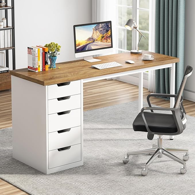 Tribesigns Computer Desk with 5 Drawers, 47 inches Rustic Brown Home Office Desk with Storage, Modern Simple Laptop Desk Study Writing Table for Small Spaces (1, Walnut+White)