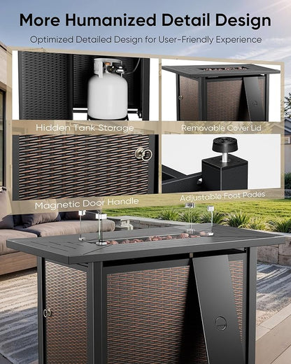 HUMMUH 5-Piece Patio Furniture Set with Fire Pit,Wicker Outdoor Rocking Chairs Patio Sofa for Backyard,Poolside,Deck