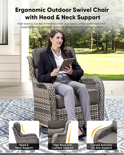 HUMMUH 6 inch Thick Cushion Wicker Patio Furniture Set with Outdoor Swivel Rocker Patio Chairs,High Back Outdoor Couch and Coffee Table for Porch Garden Deck