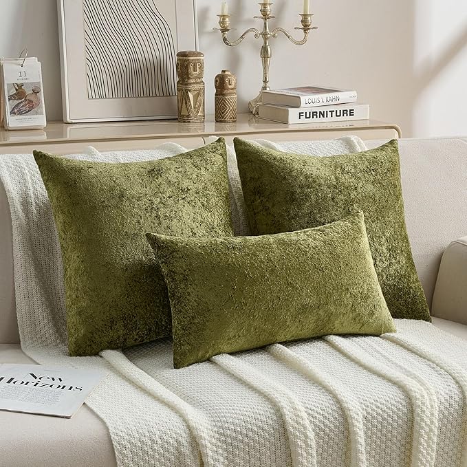 FUTEI Moss Green Flannel Throw Pillow Covers 16x16 Inch Set of 2,Soft Dimensional Textured Cushion Cases,Modern Home Decor for Couch Living Room