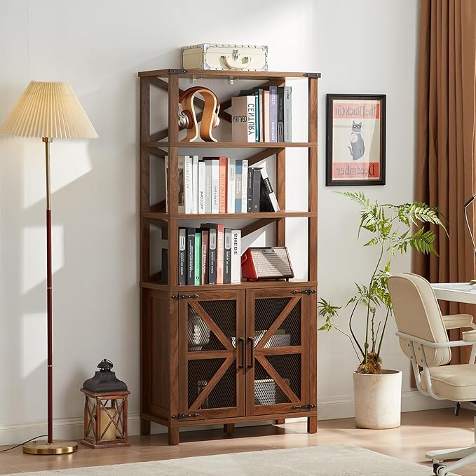 5 Tier Bookshelf 70" Tall Bookcase with Barn Doors,Large Farmhouse Display Book Shelf with Adjustable Shelves and Storage Cabinet,Wood Bookshelves for Living Room,Kitchen,Brown(2PCS)