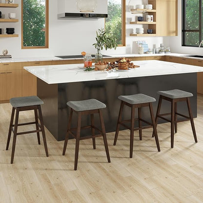 COSTWAY Swivel Bar Stools Set of 2, 30-inch Height Backless Upholstered Chairs with Padded Contoured Seat, Rubber Wood Legs, Footrest, Linen Fabric Barstools for Kitchen Counter Island, Grey+Brown