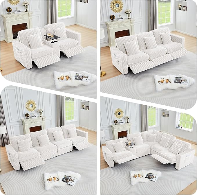 Power Reclining Sectional Sofa, Electric Loveseat Recliner with Storage Console and USB Ports, Plush Corduroy Fluffy Reclining Loveseat Couch Adjustable Headrest, 2 Seat Sofa for Living Room-White