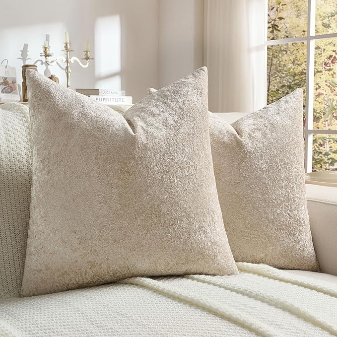 FUTEI Beige Flannel Throw Pillow Covers 20x20 Inch Set of 2,Soft Dimensional Textured Cushion Cases,Modern Home Decor for Couch Living Room