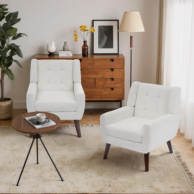 Accent Chair, Mid-Century Modern Upholstered Armchair, Comfy Fabric Living Room Chairs Reading Chairs with Button Tufted Back & Solid Wood Legs for Bedroom, Office, Beige