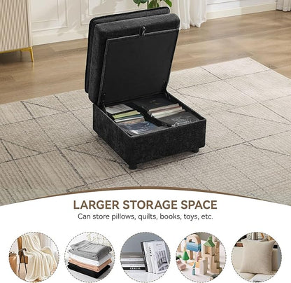 27" Large Square Ottoman with Storage, Modern Upholstered Footrest with Anti-Slip Legs for Couch Coffee Table Living Room, Bedroom, Entryway, Chenille Black