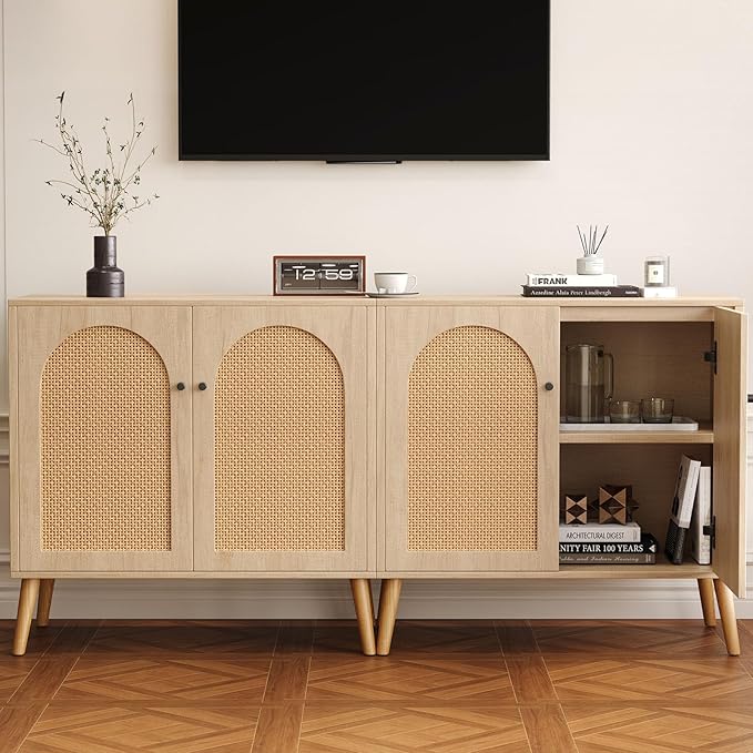 Rattan Storage Cabinet, 2-Door Boho Sideboard in Oak, Adjustable Shelf, Elegant Rattan Buffet Cabinet with Storage for Stylish Home Organization 31.5" Oak Set 2