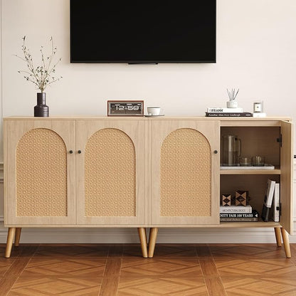 Rattan Storage Cabinet, 2-Door Boho Sideboard in Oak, Adjustable Shelf, Elegant Rattan Buffet Cabinet with Storage for Stylish Home Organization 31.5" Oak