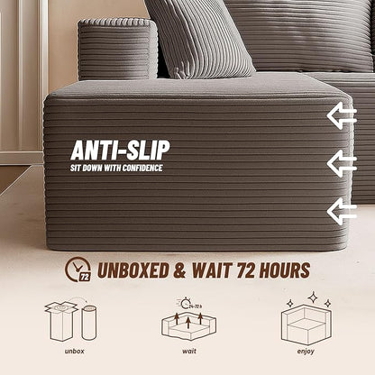 Chaise Lounge Chair, Boneless Couch for Living Room and Bedroom, Sleeper Couches Reading Chairs, Corduroy, Grey