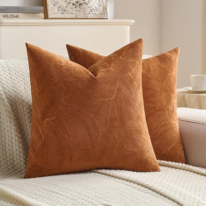 FUTEI Rust Velvet Throw Pillow Covers 26x26 Inch Set of 2,Soft Embossed Leaf-Relief Textured Euro Pillow Shams,Natural Home Decor for Couch Living Room