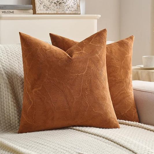 FUTEI Rust Velvet Throw Pillow Covers 26x26 Inch Set of 2,Soft Embossed Leaf-Relief Textured Euro Pillow Shams,Natural Home Decor for Couch Living Room