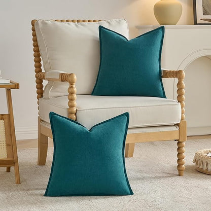FUTEI Teal Chenille Throw Pillow Covers 22x22 Inch Set of 2,Edges Double-Stitched Cushion Cases,Modern Home Decor for Couch Living Room