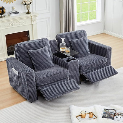 Power Reclining Sectional Sofa, Electric 3 Seat Recliner with 1 Electric Footrest and Adjustable Headrest, Modern Plush Corduroy Fluffy Reclining Sectional with Deep Seat for Living Room-Blue Grey