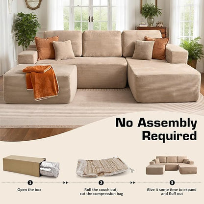 106" Cloud Sectional Couch with L-Shape Chaise & Ottoman, No Assembly Modular Sofa, Deep Seat Corduroy Boneless Couched for Living Room (Camel Stripe Corduroy, Right Facing Chaise with Ottoman)