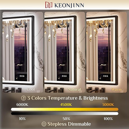 Keonjinn 30" x 36" LED Bathroom Mirror with Frontlit & Backlit, Black Metal Framed Mirror for Wall, Antifog, Stepless 3 Colors Temperature, UL-Listed LED Driver, Tempered Glass