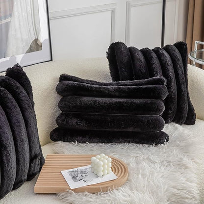 Neelvin Black Faux Fur Cozy Soft Striped Decorative Throw Pillow Covers 22x22 inch Set of 2,Velvet Pillowcase Cushion Case for Sofa Couch