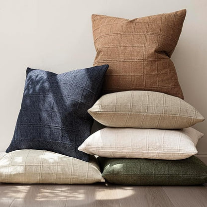 Foindtower Set of 2 Decorative Linen Check Throw Pillow Covers Neutral Farmhouse Vintage Cushion Covers Modern Boho Home Decor for Sofa Chair Couch Bedroom Living Room,24×24 Inch,Brick