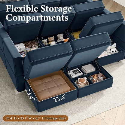 Vesgantti Sectional Couches with Storage Seats, 92" L Shaped Convertible Modular Sectional Sofa, 5 Seat & 1 Ottoman Velvet Storage Chaises Deep Seat Couch for Living Room, Bedroom, Apartment, Blue