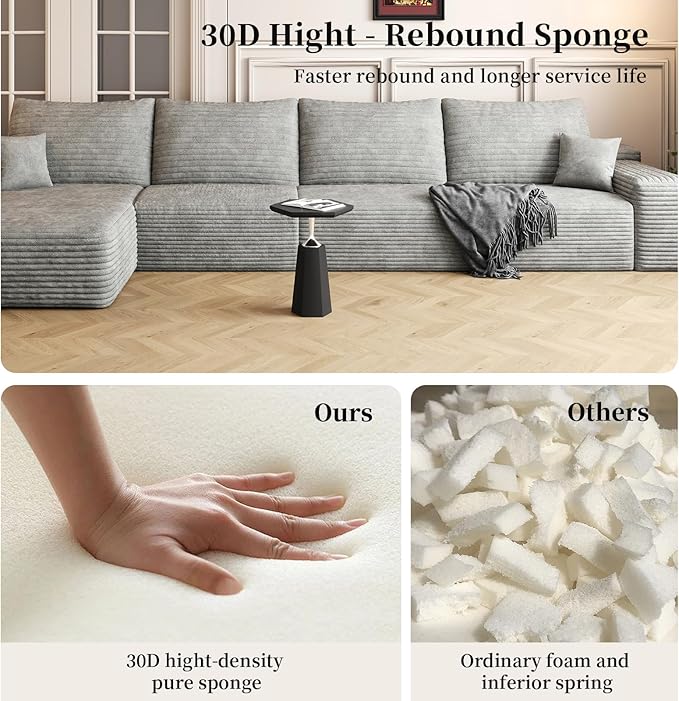 135.4'' Oversized Cloud Sofa Sectional Couch, Boneless Couch with L-Shape Chaise, Upholstered Compression Modular Sectional Sofa for Living Room, No Assembly Required (Grey, Left Facing Chaise)