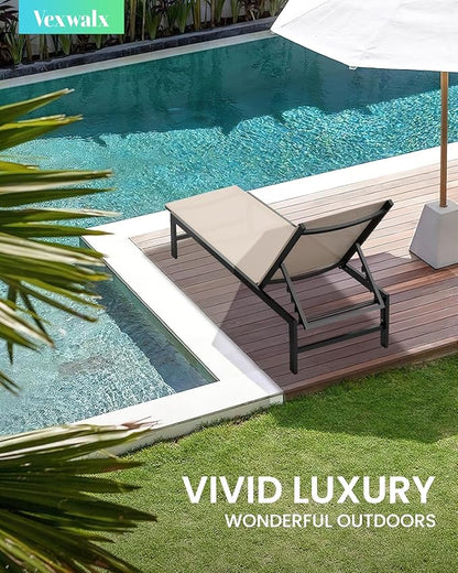 Outdoor Lounge Chairs Set of 2 for Pool, Aluminum Chaise Lounge Chairs with 5-Position Recliner, Patio Lounge Chair for Backyard, Poolside, Deck, Lawn, Khaki