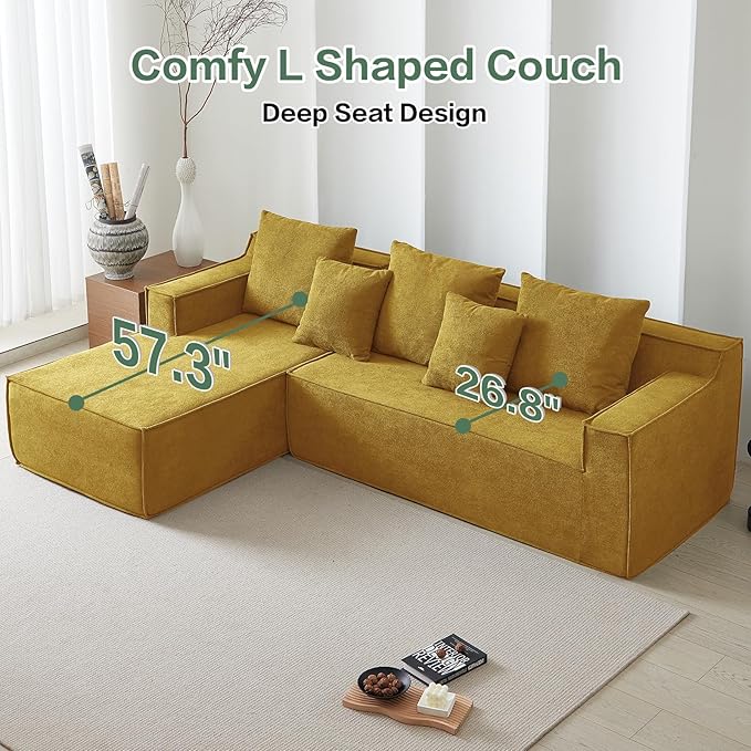 Boneless Cloud Sectional Couch, Modular Sectional Sofa with L-Shaped Lounge Chair, Soft Cloud Couch Memory Foam Sofa for Living Room, No Assembly Required (Orange, Velvet)