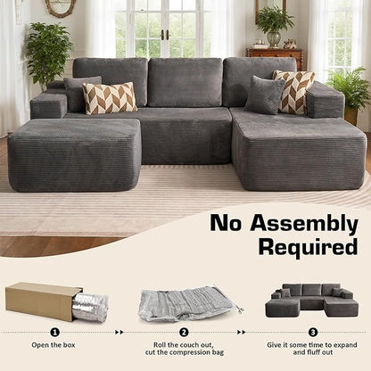 106" Cloud Sectional Couch with L-Shape Chaise & Ottoman, No Assembly Modular Sofa, Deep Seat Corduroy Boneless Couched for Living Room (Gray Stripe Corduroy, Right Facing Chaise with Ottoman)
