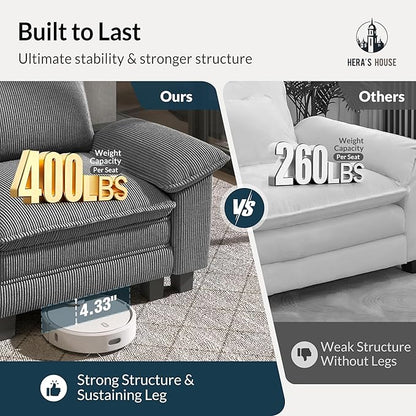 HERA'S HOUSE 158" Modular Sectional Sofa, Oversized U Shaped Couches for Living Room, Comfy Cloud Couch with Ottoman, 6-Seater Deep Seat Sofa with Throw Pillow, Corduroy Grey