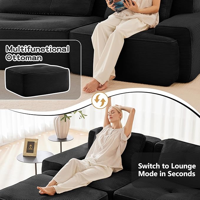 115.3” Black Boneless Couches for Living Room, Modular Sectional Sofa with L-Shape Chaise, 3 Seater Comfy Upholstered Deep Seat Corduroy Fabric Cloud Couch No Assembly, Anti-Slip Design