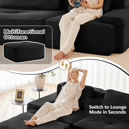 80.3” Black Boneless Couches for Living Room, Modular Sectional Sofa with L-Shape Chaise, 2 Seater Comfy Upholstered Loveseat Deep Seat Corduroy Fabric Cloud Couch No Assembly, Anti-Slip Design