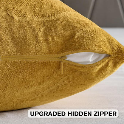 FUTEI Golden Yellow Velvet Throw Pillow Covers 20x20 Inch Set of 2,Soft Embossed Leaf-Relief Textured Cushion Cases,Natural Home Decor for Couch Living Room