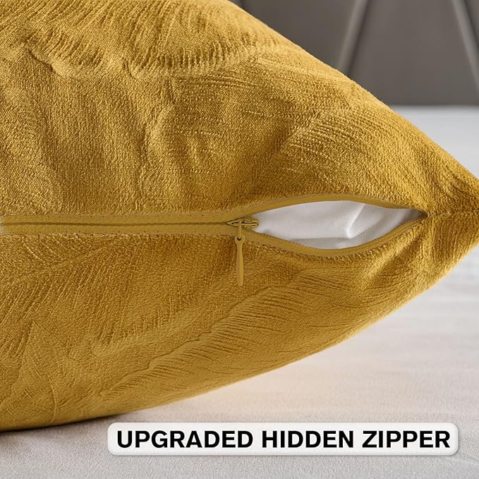 FUTEI Golden Yellow Velvet Throw Pillow Covers 18x18 Inch Set of 2,Soft Embossed Leaf-Relief Textured Cushion Cases,Natural Home Decor for Couch Living Room
