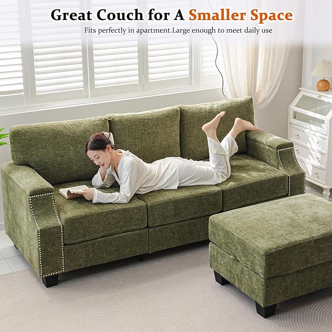 85" Sectional Couches with Storage Ottoman,L Shaped Couch with Armrest Organizer,3-Seater Sofa,Thick Cushions,Small Sofas for Living Room,Bedroom,Apartment,Chenille,Green