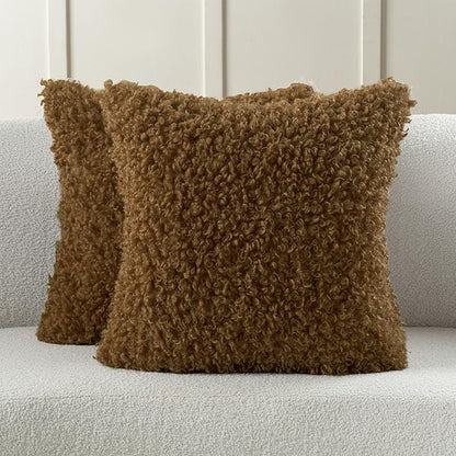 FUTEI Brown Decorative Throw Pillow Covers 22x22 Inch Set of 2,Soft Fluffy Faux Wool Fur Boucle Textured Cushion Case,Modern Home Decor for Couch Bed Living Room Office