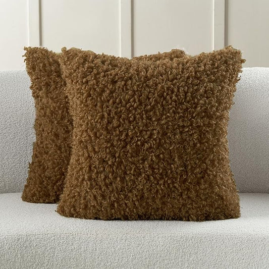 FUTEI Brown Decorative Throw Pillow Covers 26x26 Inch Set of 2,Soft Fluffy Faux Wool Fur Boucle Textured Pillow Shams,Modern Home Decor for Couch Bed Living Room Office
