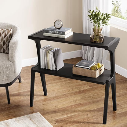 Tribesigns Set of 2 Solid Wood Side Table, 2-Tier Modern Slim Couch Side Table with Storage Shelf, Sofa End Table with Deer-Shaped Legs for Living Room, Skinny Bedside Nightstand for Bedroom, Black