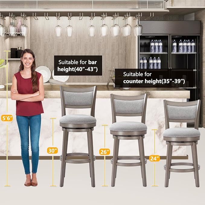 PrimeZone Swivel Bar Stools Set of 8, 30 Inch Bar Height Barstools, High Back Bar Stool with Solid Wood Legs & Wrap-Around Footrest, Counter Stools for Kitchen Island, Pub, Grey